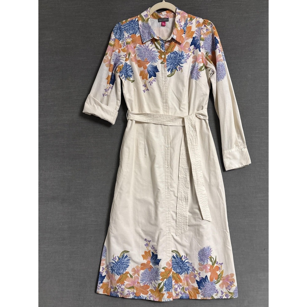 Vince Camuto Shirt Dress XS Cream Floral Cotton Midi Belted‎ Button Roll Tab